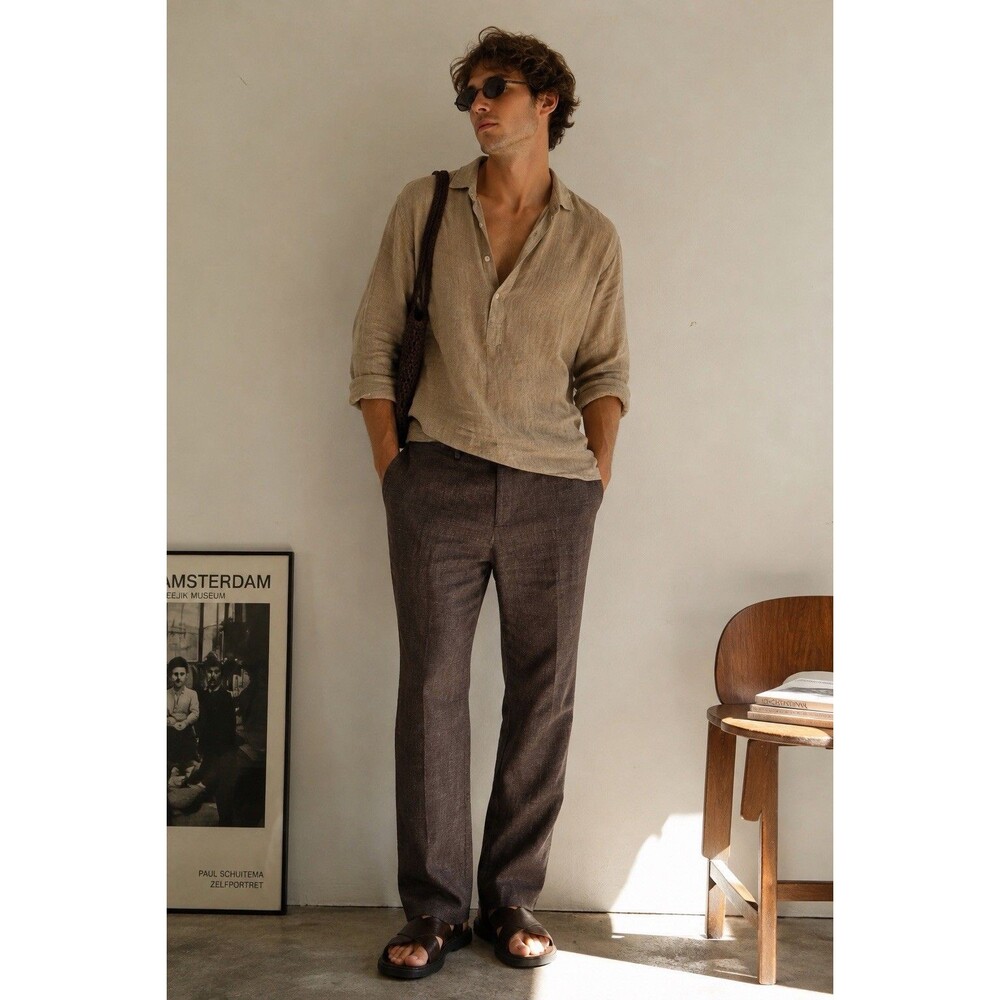 Taylor Stitch 100% Linen Pants 33 Dark Mocha Brown Trouser Straight Leg Mens